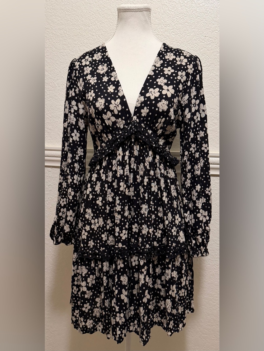 Angie Black Floral Long Sleeve Ruffle Mini Dress Boho Babydoll - Picture 5 of 10